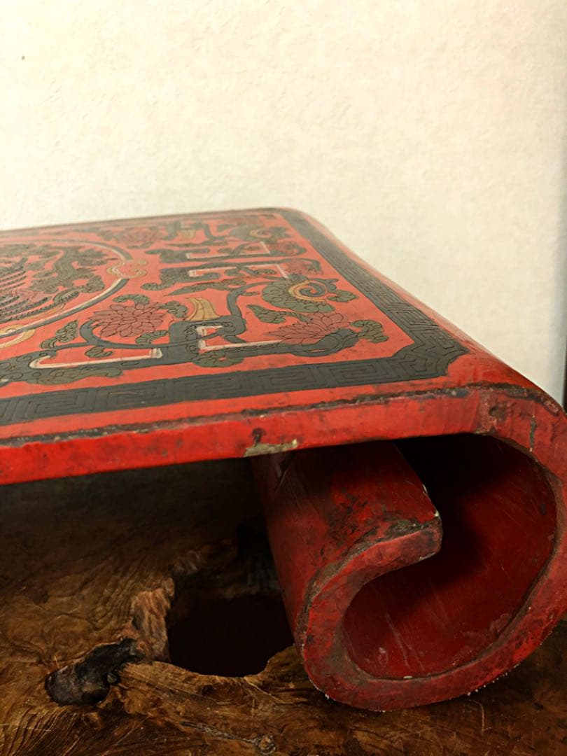 中国美術 重量級 大清乾隆年製 花鳥紋 朱塗 巻き台 香台 花台 盆栽台2.6㎏