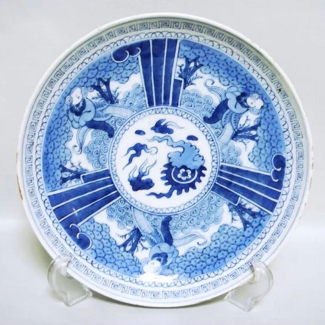 125『染付 唐子 櫛高台 皿』　/骨董品 古美術 古玩 アンティーク