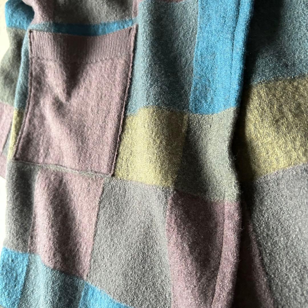 ほぼ未使用＊佐藤繊維 イイネス チェック柄 パッチワーク 圧縮ニットコート