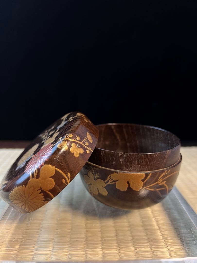 金箔装飾 木製 茶道具 棗　骨董　金蒔絵　共箱 香合 茶碗