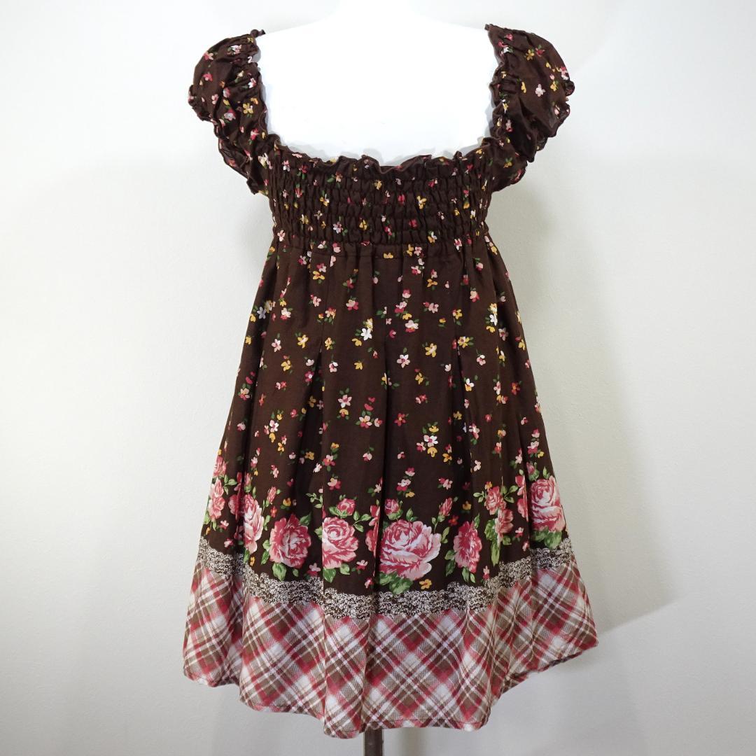 LIZLISA ワンピース 花柄 チェック柄 半袖 ブラウン フェアリーグランジ