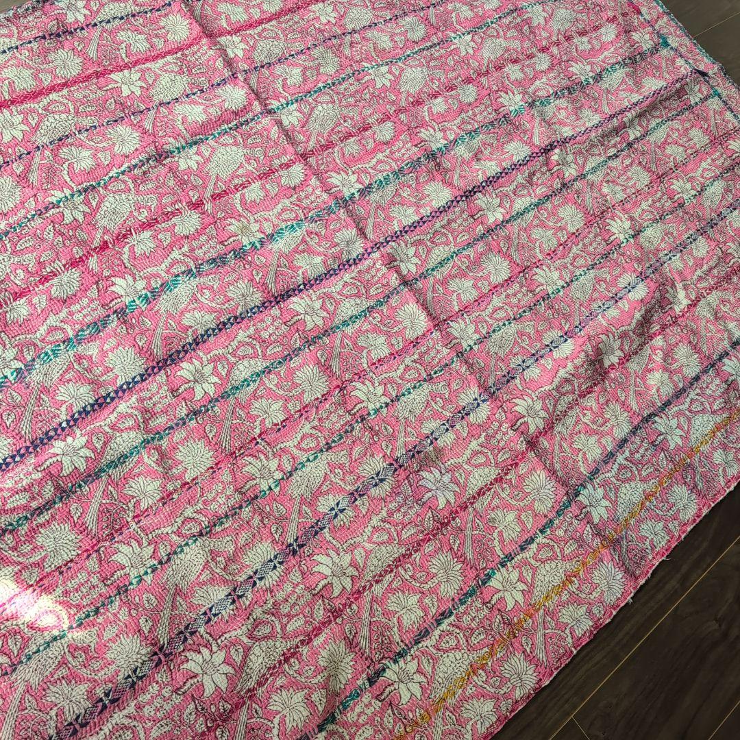ピンク花柄 ブロックプリント ヴィンテージカンタキルト　ラリーキルト 690