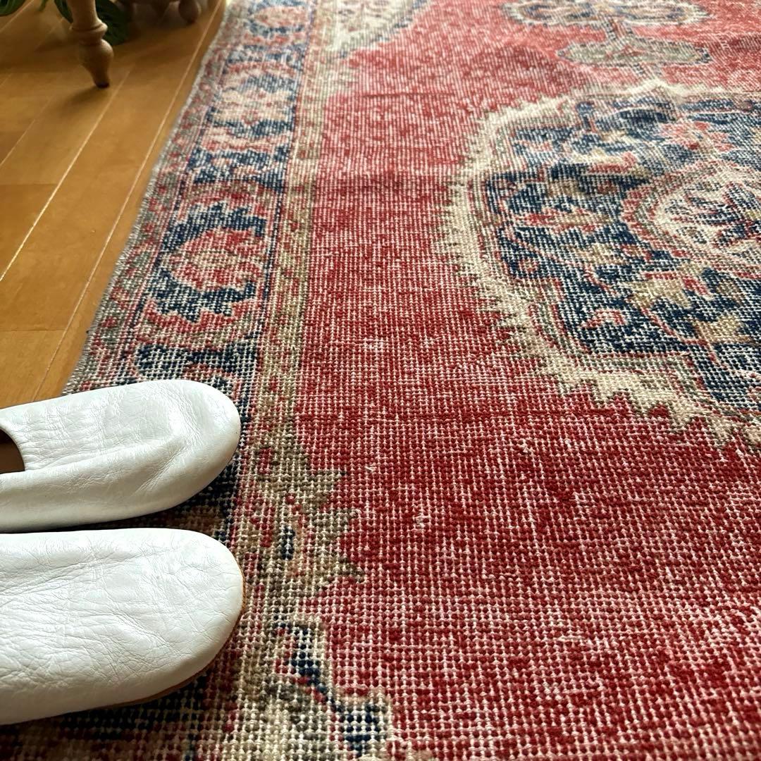 101.5×221赤と青　王道メダリオン　トルコヴィンテージラグ