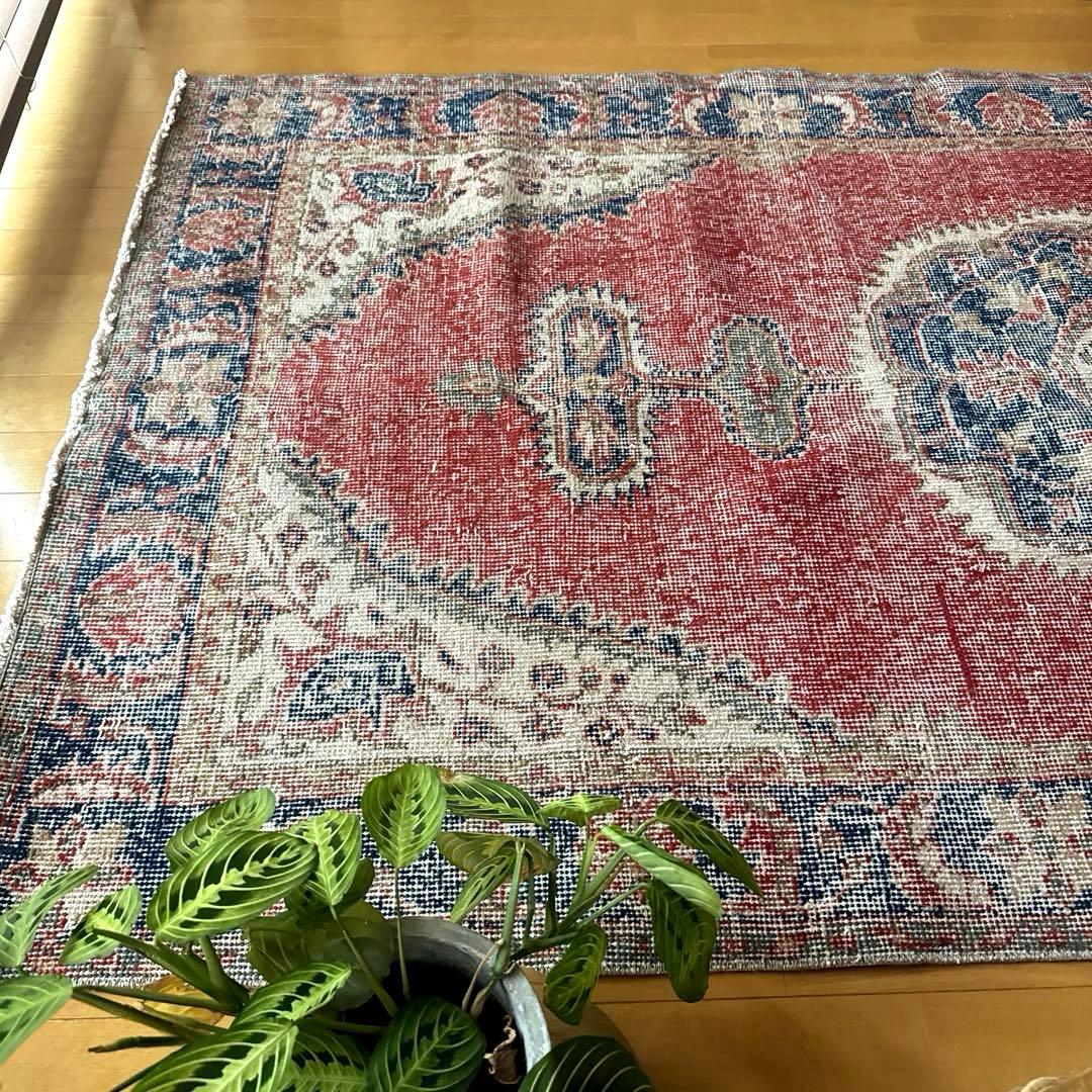 101.5×221赤と青　王道メダリオン　トルコヴィンテージラグ