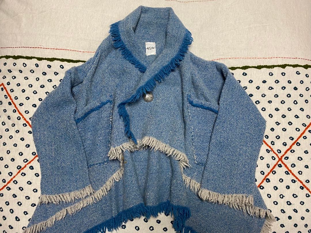 ４５Ｒ４５ｒインドメリノのポンチョショートサックスヘリンボーン定価￥68,200