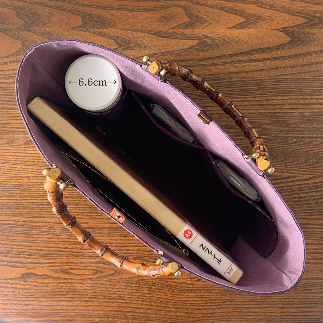 A4サイズ対応　紬帯　銀の香炉と金の枝花　リメイク　バンブーハンドルバッグ