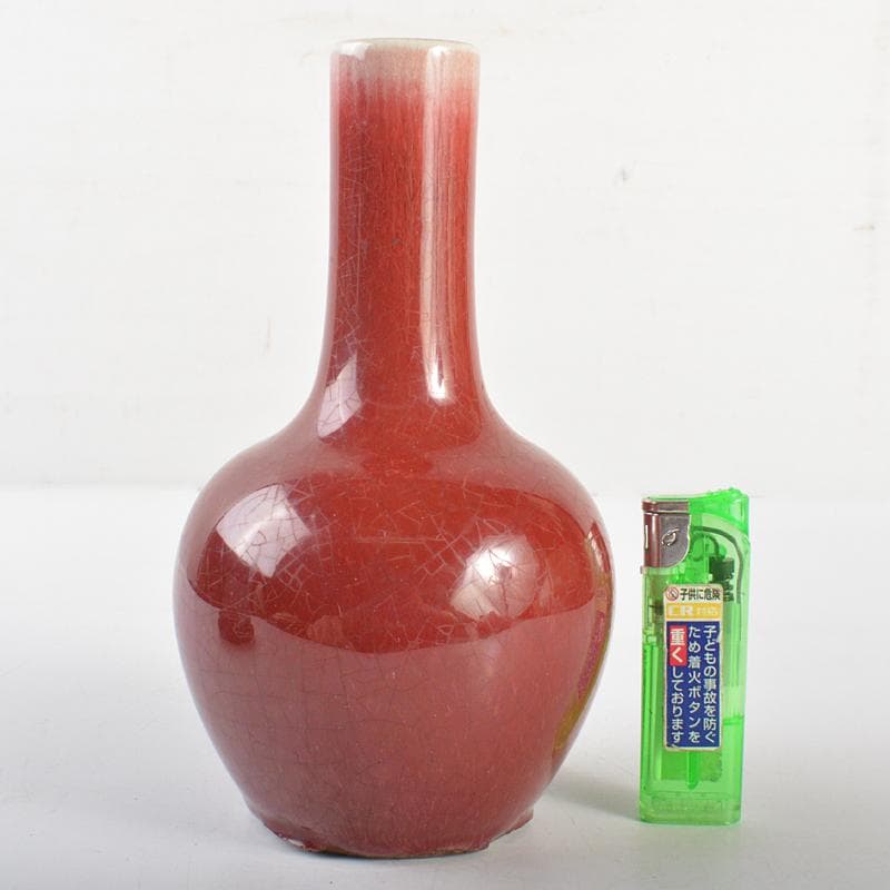 中国　辰砂釉　長顎瓶　唐木台付　D　R6754