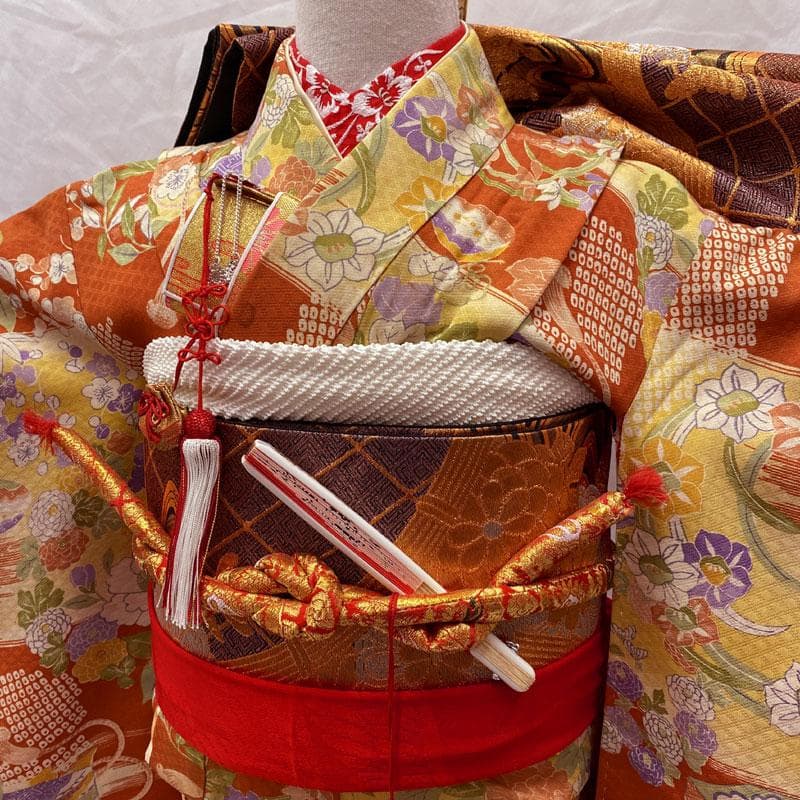 512ag40◎七五三 七歳 女児 アンティーク着物&袋帯 レトロ オレンジ◎