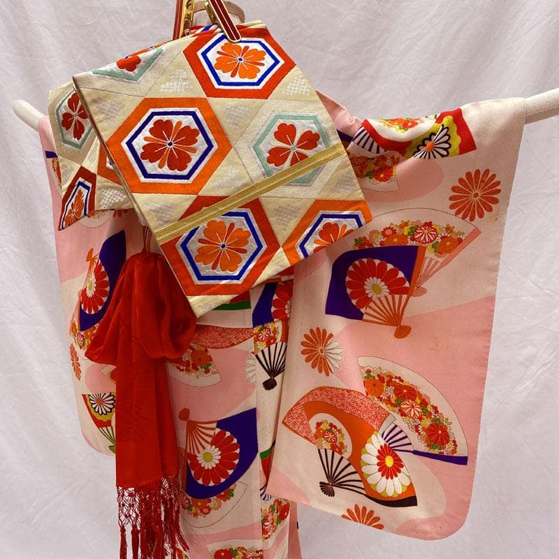 508ag7◎七五三 七歳 女児 アンティーク着物&丸帯 総柄 レトロ 桜色◎