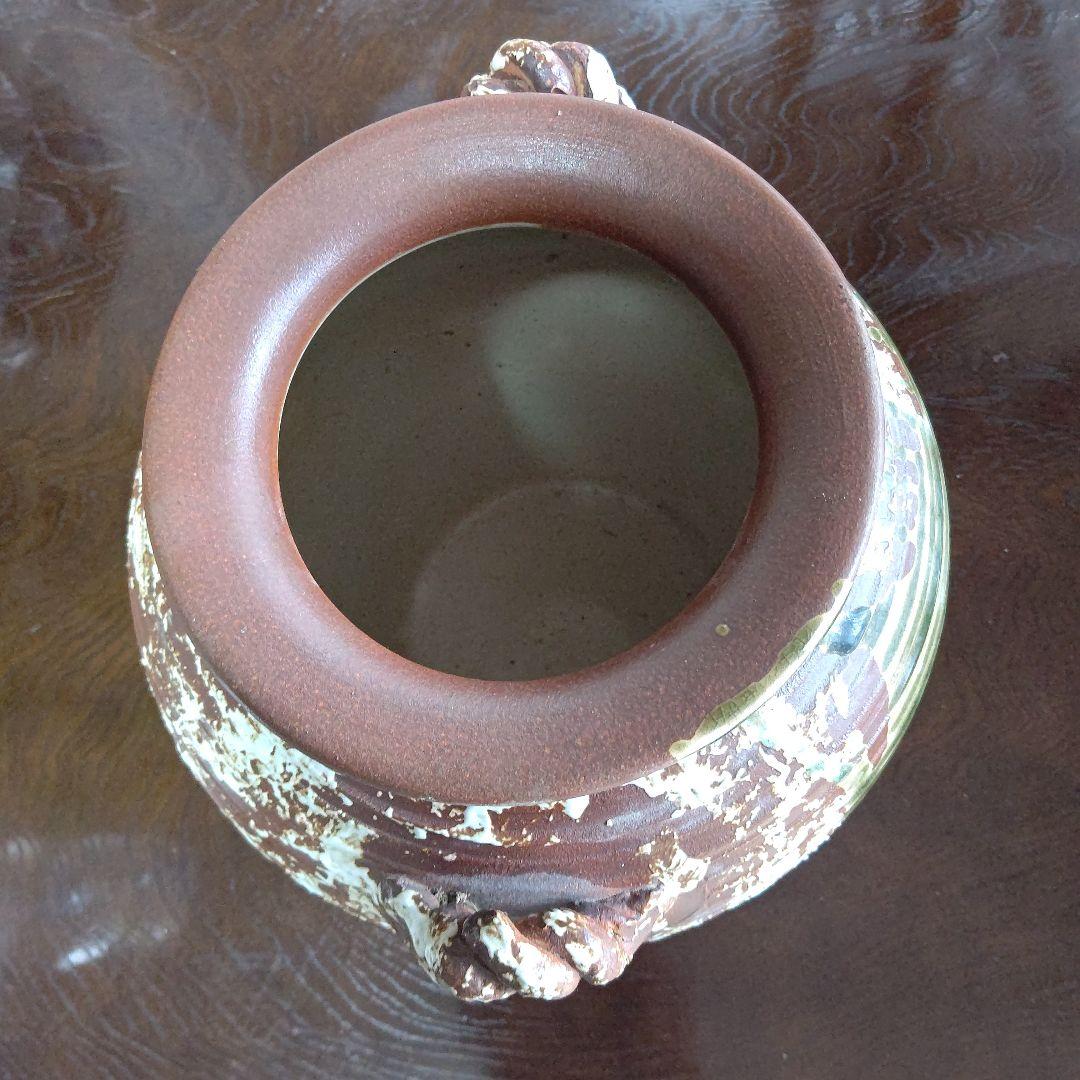 陶器製 花器 取っ手付き 茶色と白のストライプ