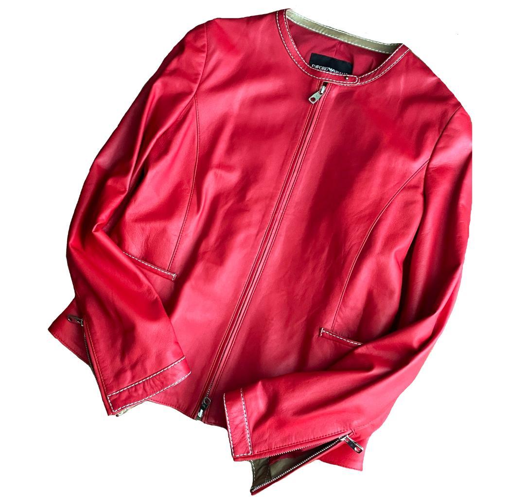 極美品 エンポリオアルマーニ 羊革 ラムレザー ライダース ジャケット 42 赤