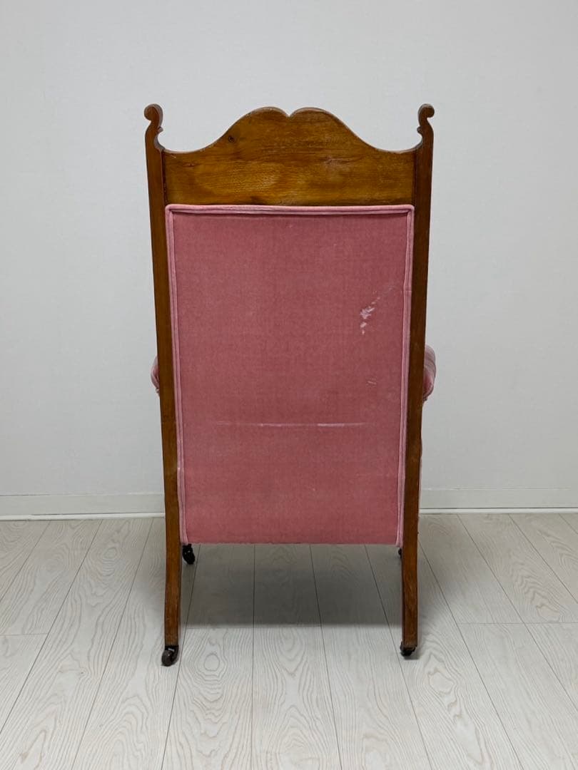 アンティーク調 1人掛けチェア／アームチェア（ピンクベロア×木製フレーム）