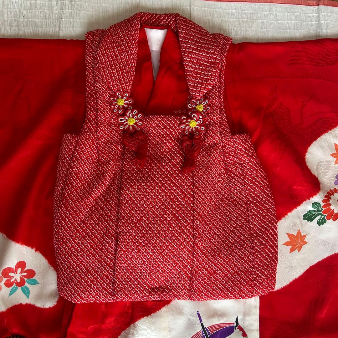 七五三 3歳 総絞り 被布 着物 絹 三歳 赤 草履 753 バッグ 花 レトロ