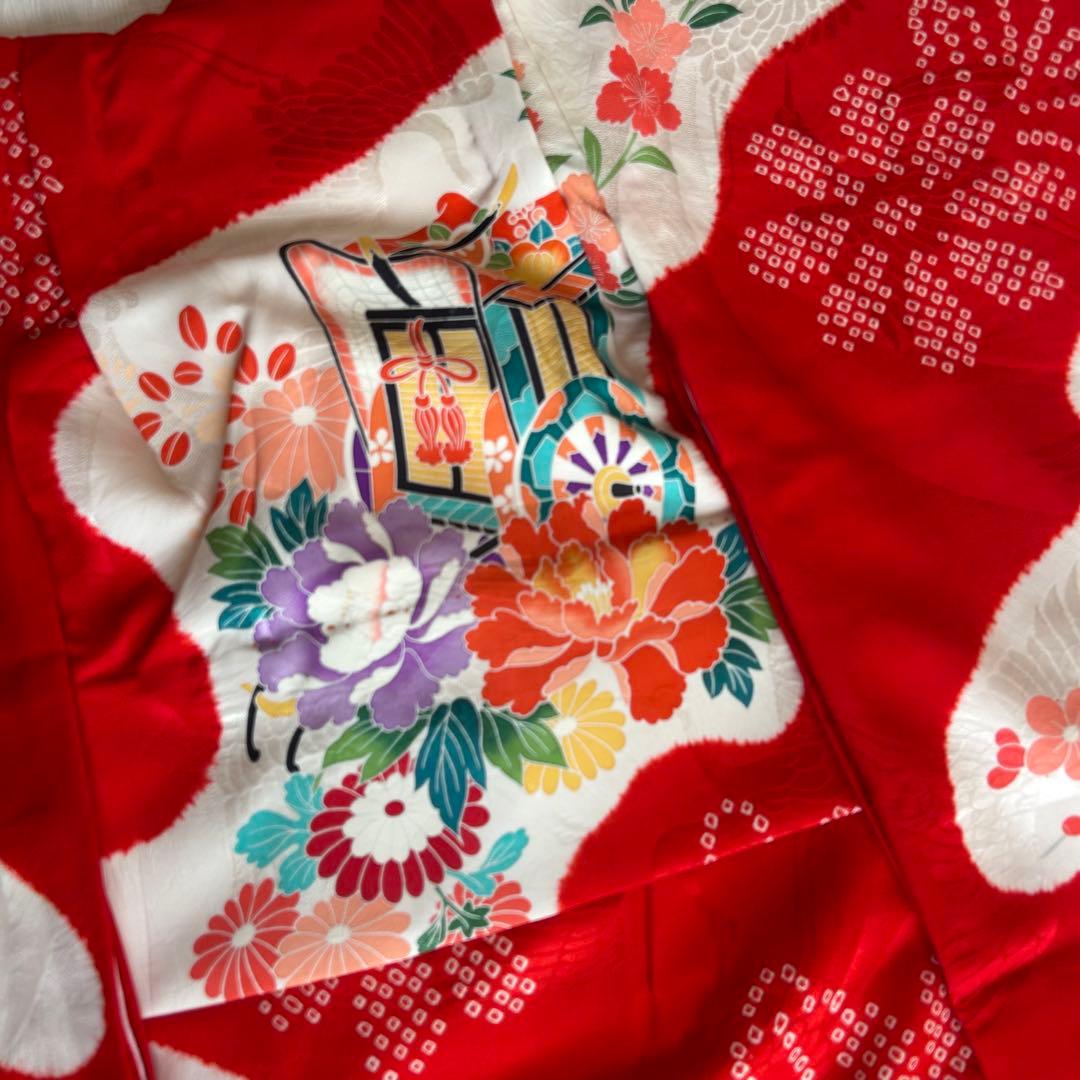 七五三 3歳 総絞り 被布 着物 絹 三歳 赤 草履 753 バッグ 花 レトロ