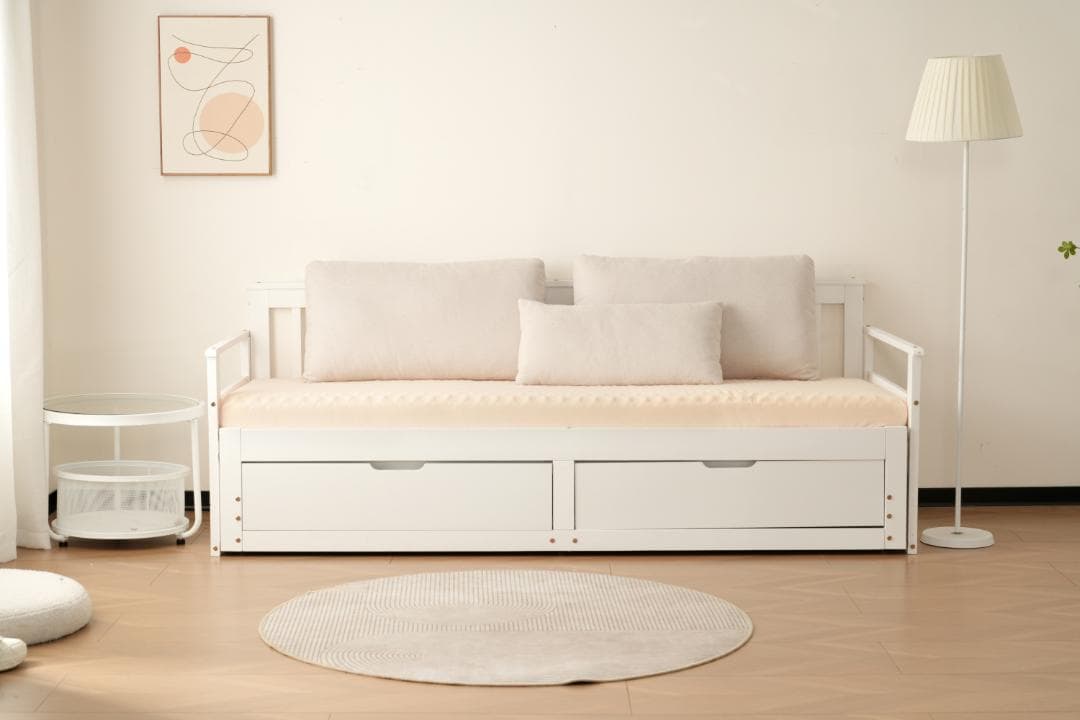 超人気！伸長式ソファベッド引き出し付き 収納付き 天然木 WHITE