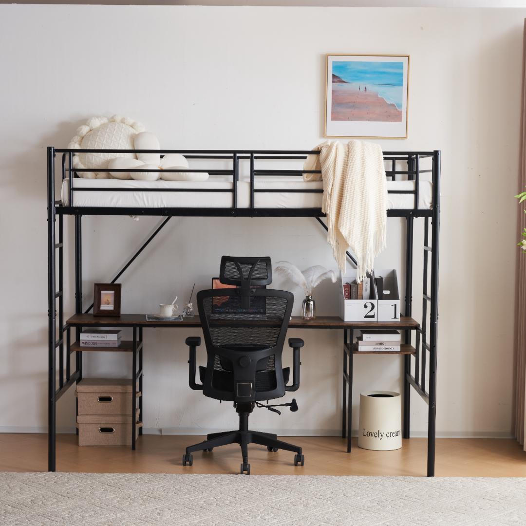 限定価格！ロフトベッド（S） デスク付き ハシゴ階段 耐荷重150　BLACK