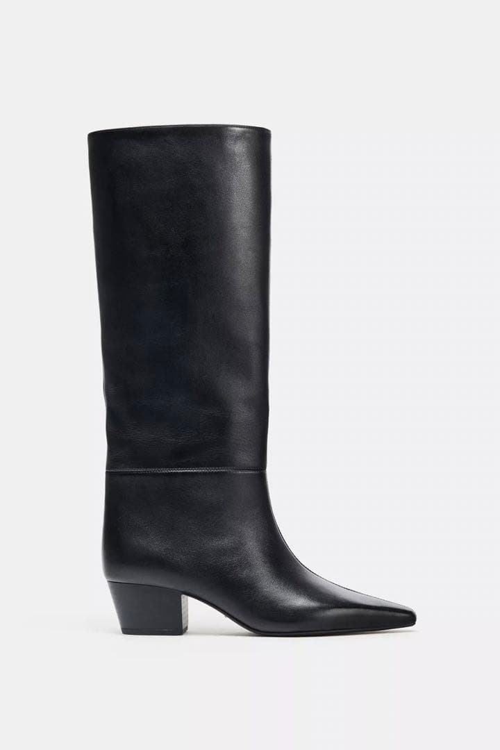 ZARA 本革 ポインテッドトゥレザーヒールブーツ 37 24cm ロングブーツ