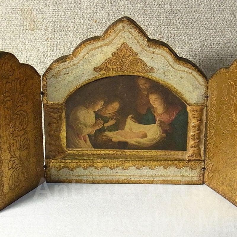 イタリア ヴィンテージ『観幼子イエスと聖母マリア』カルロ・ドルチ３枚続きの祭壇画
