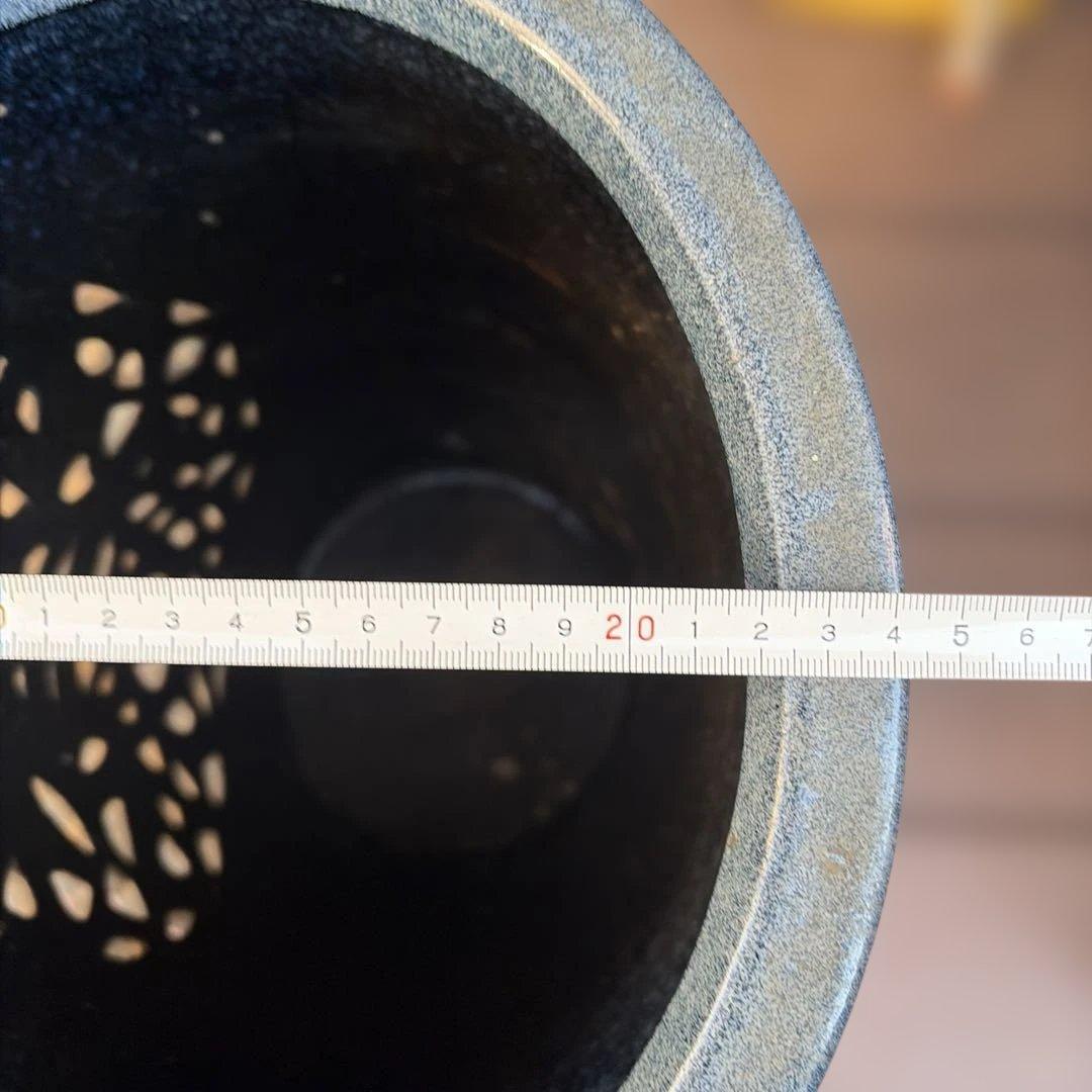 昭和レトロ 信楽焼 大型 陶器製 楕円形 焼き物 傘立て ブルー網目陶器製傘立て