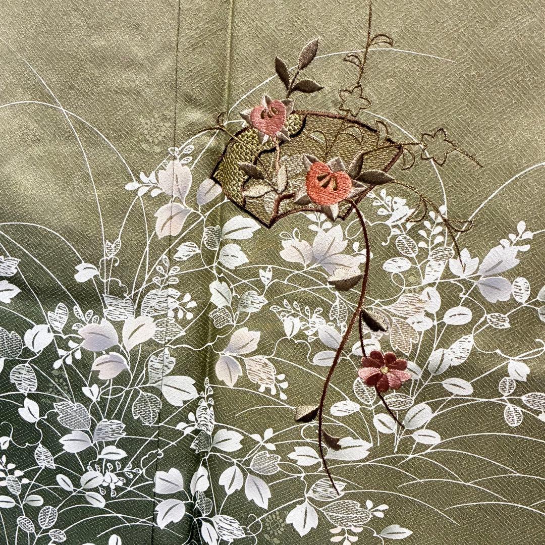 D102 訪問着 萩 花刺繍 正絹 着物 袷 しつけ糸付き未使用極美品