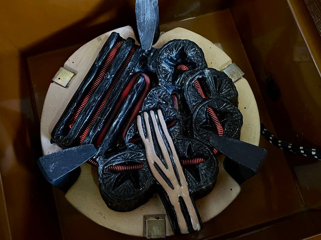 【美品】「母」 置炉 テーブル付 電熱 紙箱 茶道具 和室 レトロ(213F④)