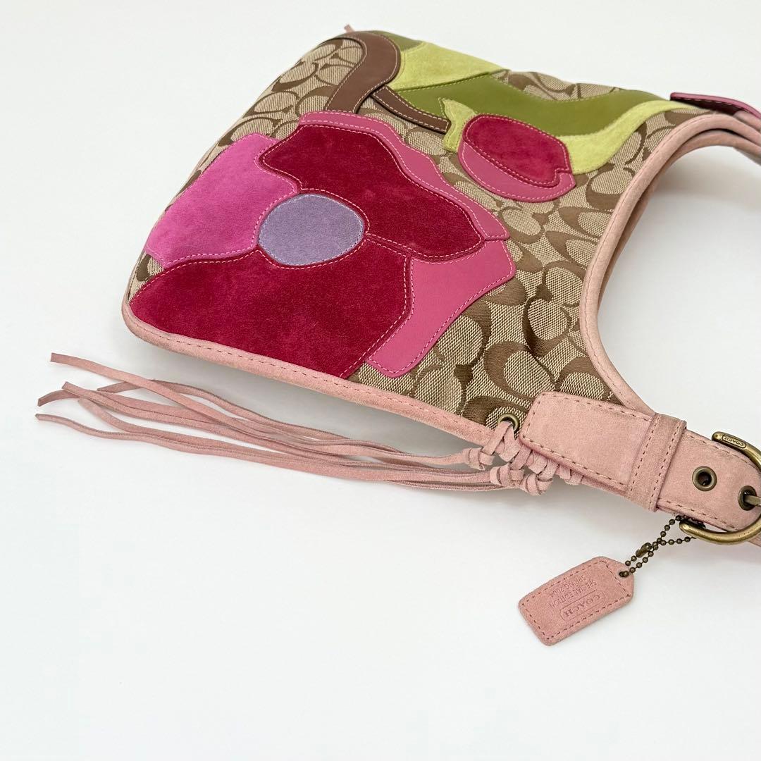 バッグ Coach Fringe Flower Applique Pink Bag