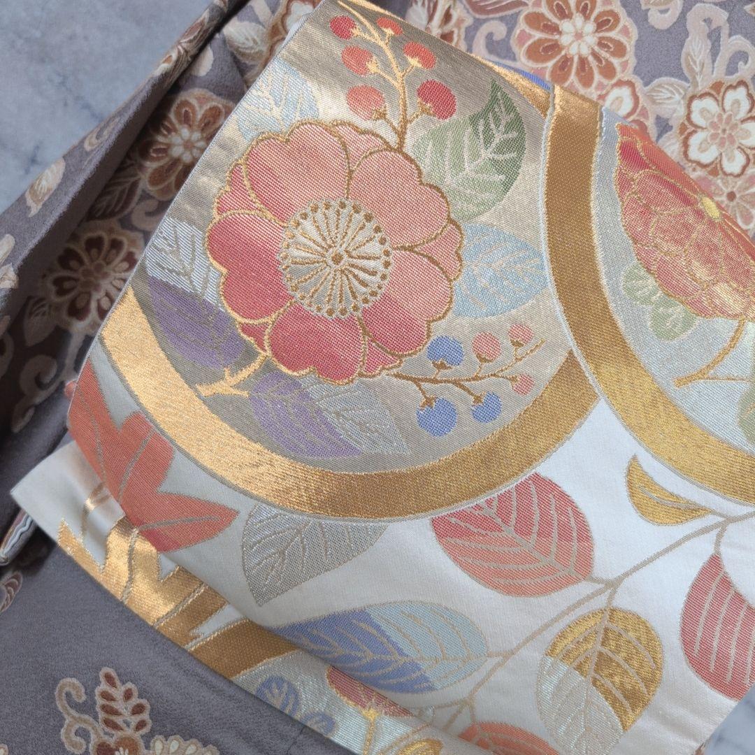 訪問着　フルセット　着物　正絹　グレー地　花　豪華　E1