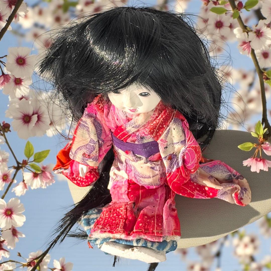 市松人形 明治後期 市印 朱印 三つ折れ 単色黒目 ガラス目 縮緬 1890年代