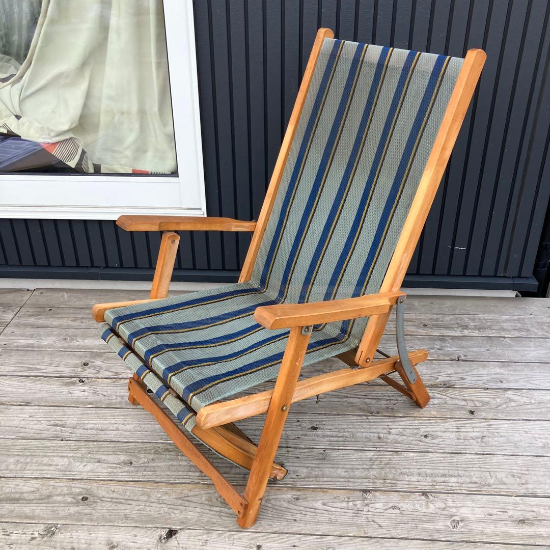 昭和レトロ 木製フレーム リクライニングチェア アウトドアチェア 折りたたみ式