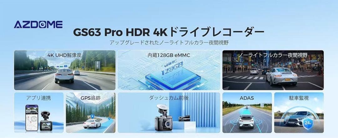 12. ドライブレコーダー 前後2カメラ 4K GPS WiFi 128GB内蔵