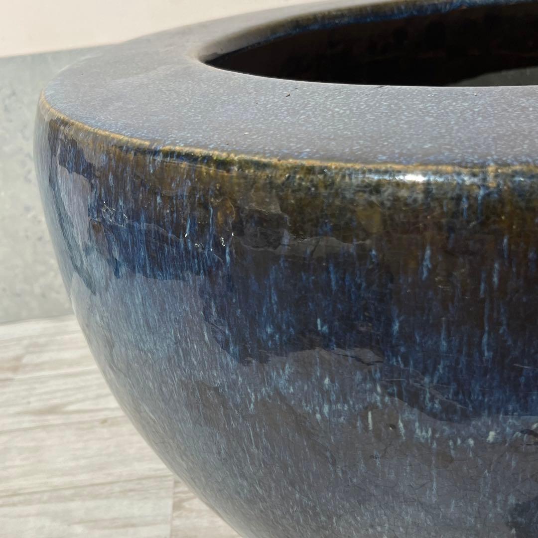 大型火鉢　ブルー　金魚鉢　焼き物　陶器　アクアリウム　大型