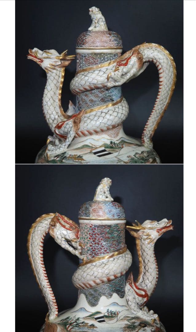 送料無料　明治薩摩焼　武者絵龍吐水注　木箱付　★希少★