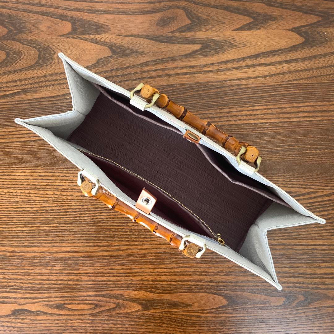 大島紬　霞に浮かぶ牡丹花丸文　リメイク　バンブーハンドルバッグ　浅型マチ広め