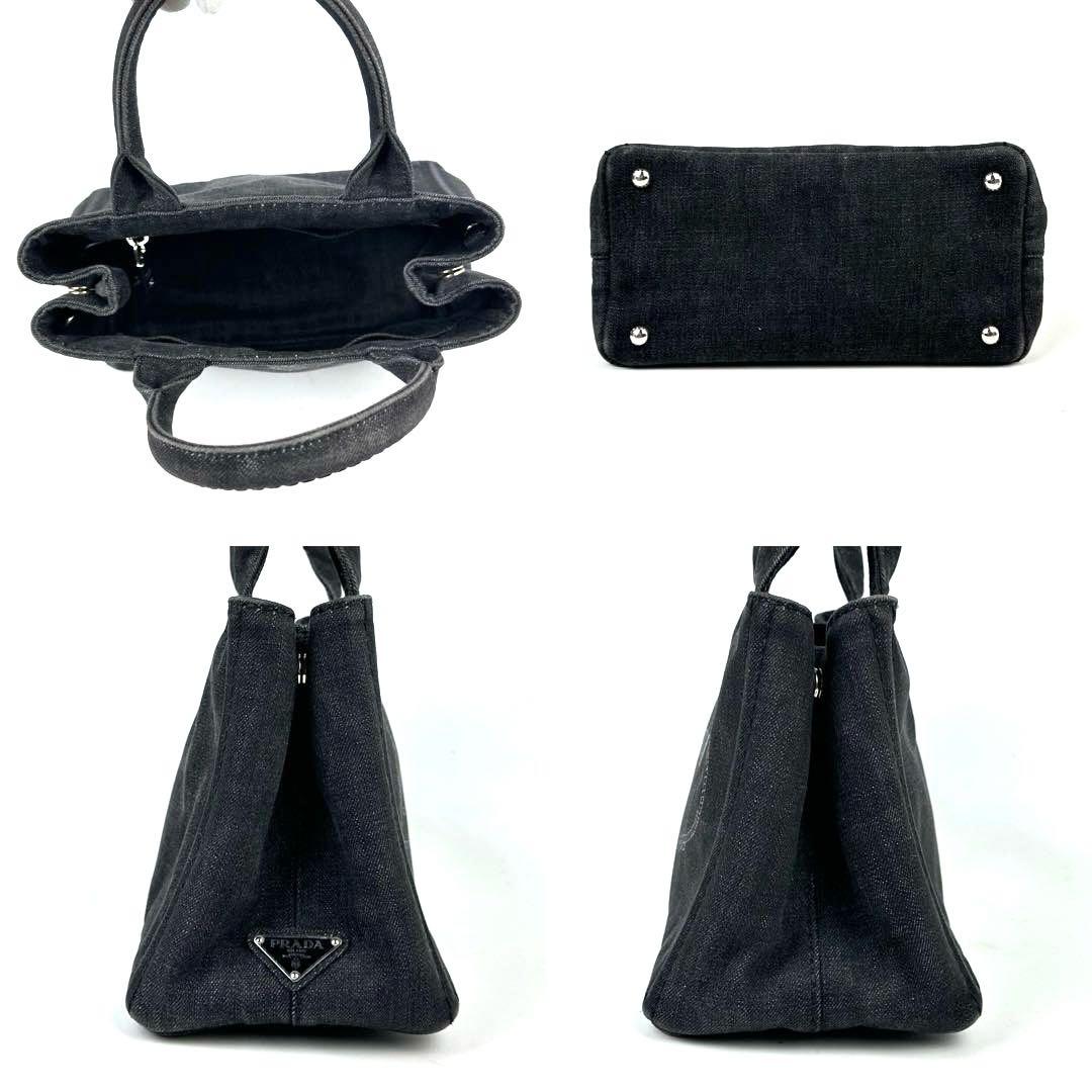 【美品】プラダ　カナパ　ハンドバッグ　三角ロゴ　シルバー金具　デニム　ブラック
