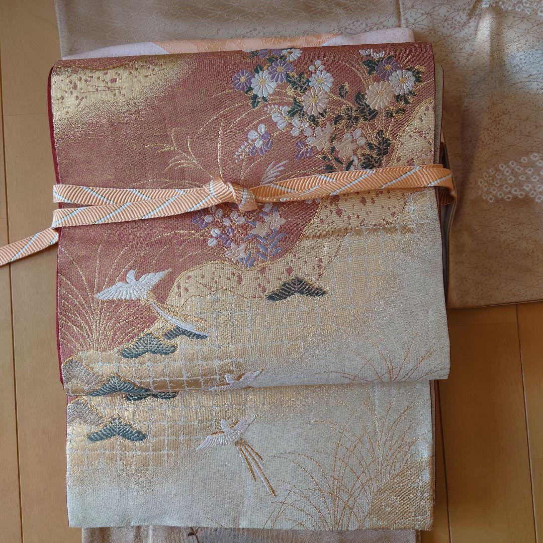 【美品】付下げ訪問着フルセット　正絹　袷　絞り　刺繍　流水草花文様　唐織六通袋帯