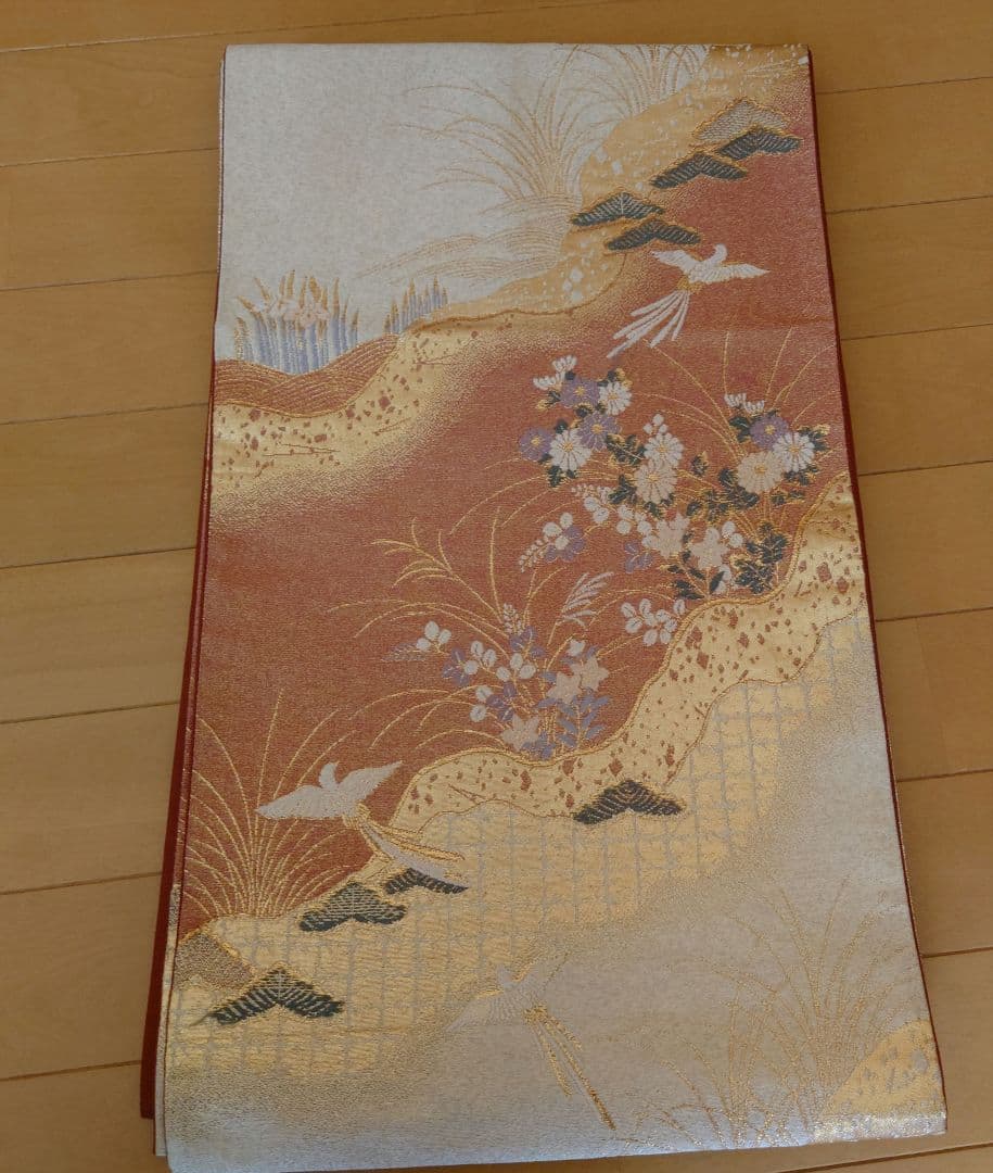 【美品】付下げ訪問着フルセット　正絹　袷　絞り　刺繍　流水草花文様　唐織六通袋帯