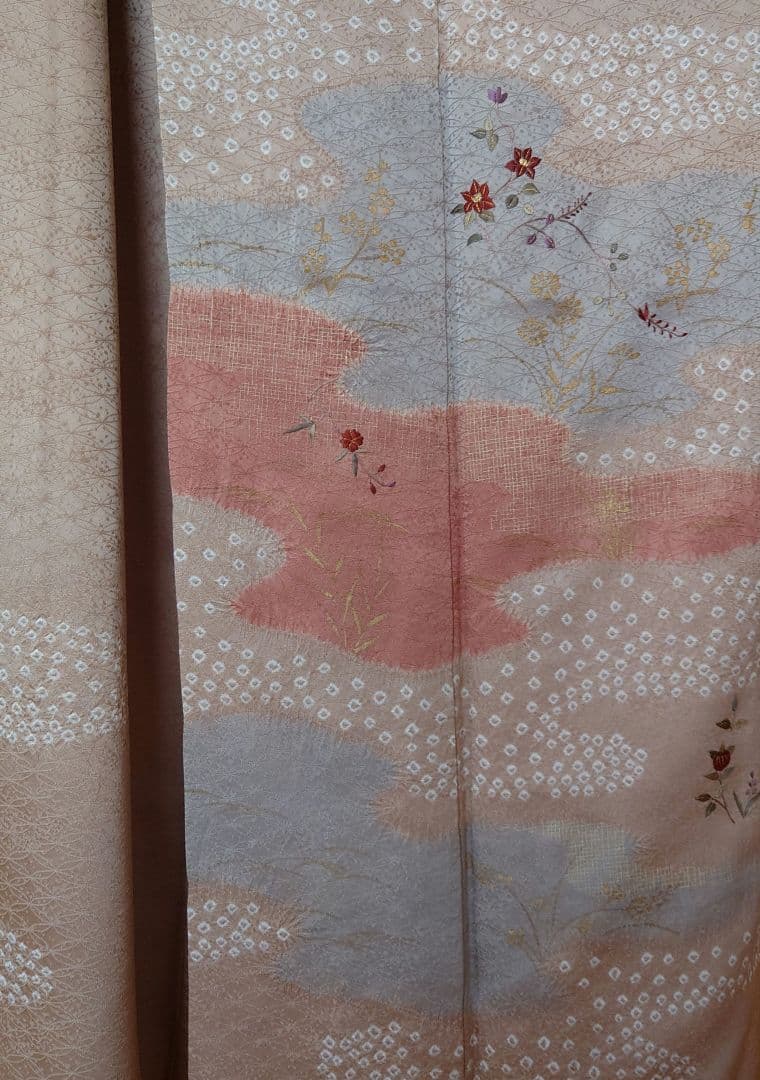 【美品】付下げ訪問着フルセット　正絹　袷　絞り　刺繍　流水草花文様　唐織六通袋帯