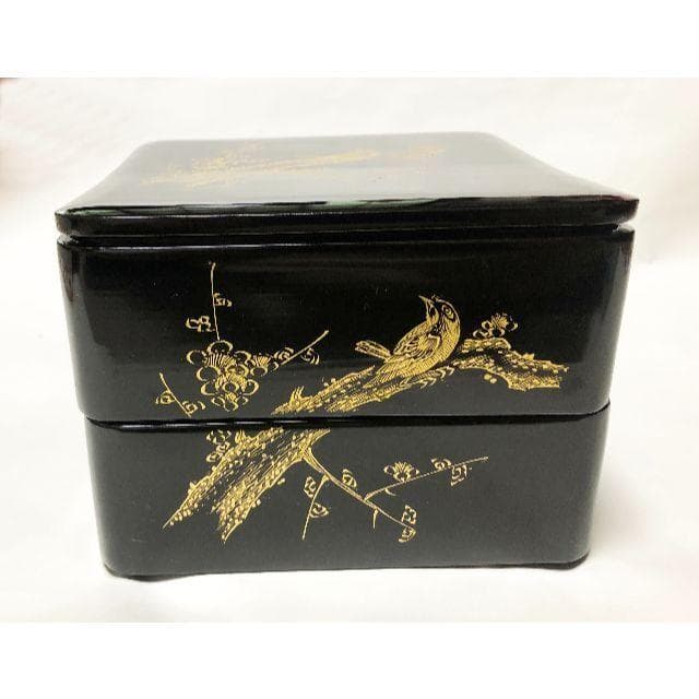 重箱 おせち 二段重 木製漆塗 梅に鶯沈金黒 6寸 18cm 漆器 アウトレット