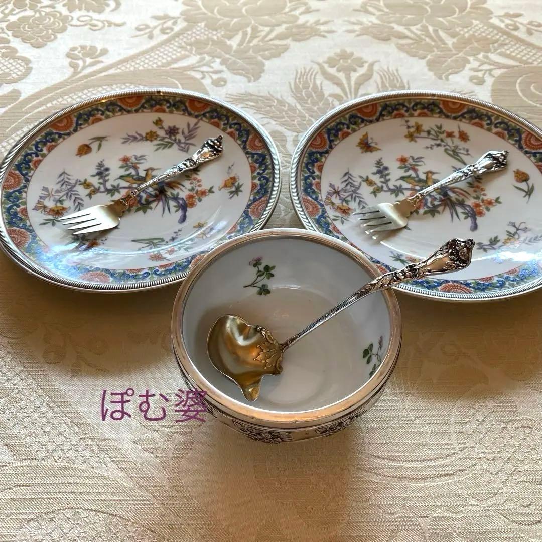 【フランス／純銀＋リモージュ】皿 ２枚セット／銀縁取りのプレート「シノワズリ」