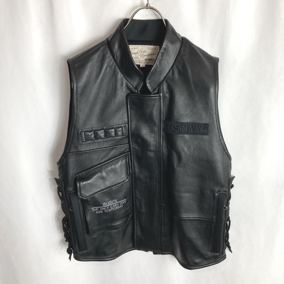 美品 アヴィレックス AVIREX ラムレザー コンバットベスト本革 黒色M