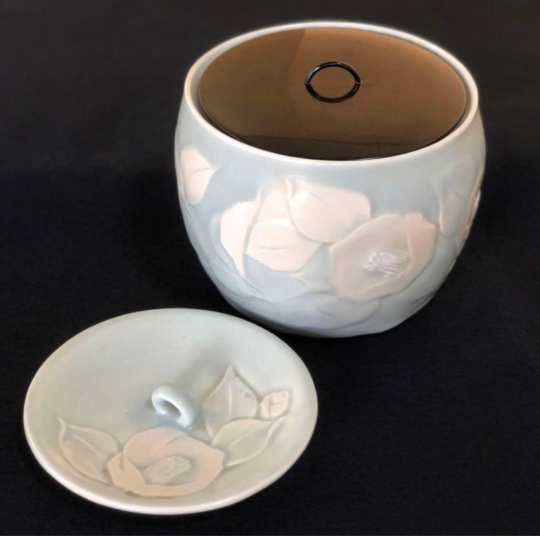 《R》妙高焼 青磁 椿文 水指 高井進 歴書 共布 共箱　260128く2