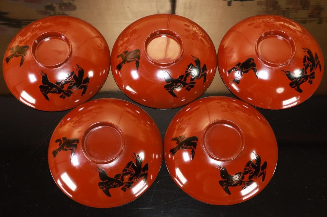 BJ103　時代輪島塗　烏漆絵　日乃出金蒔絵　煮物椀　五客　木製 吸物椀　菓子