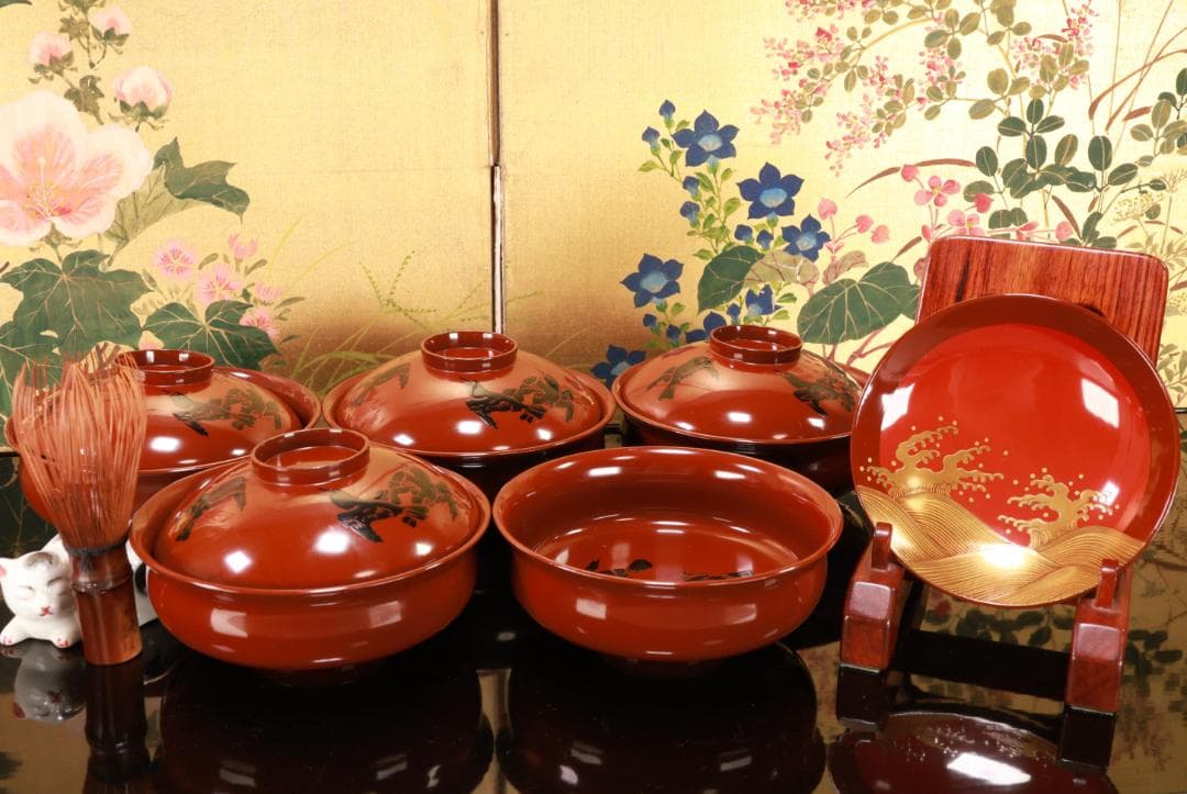 BJ103　時代輪島塗　烏漆絵　日乃出金蒔絵　煮物椀　五客　木製 吸物椀　菓子