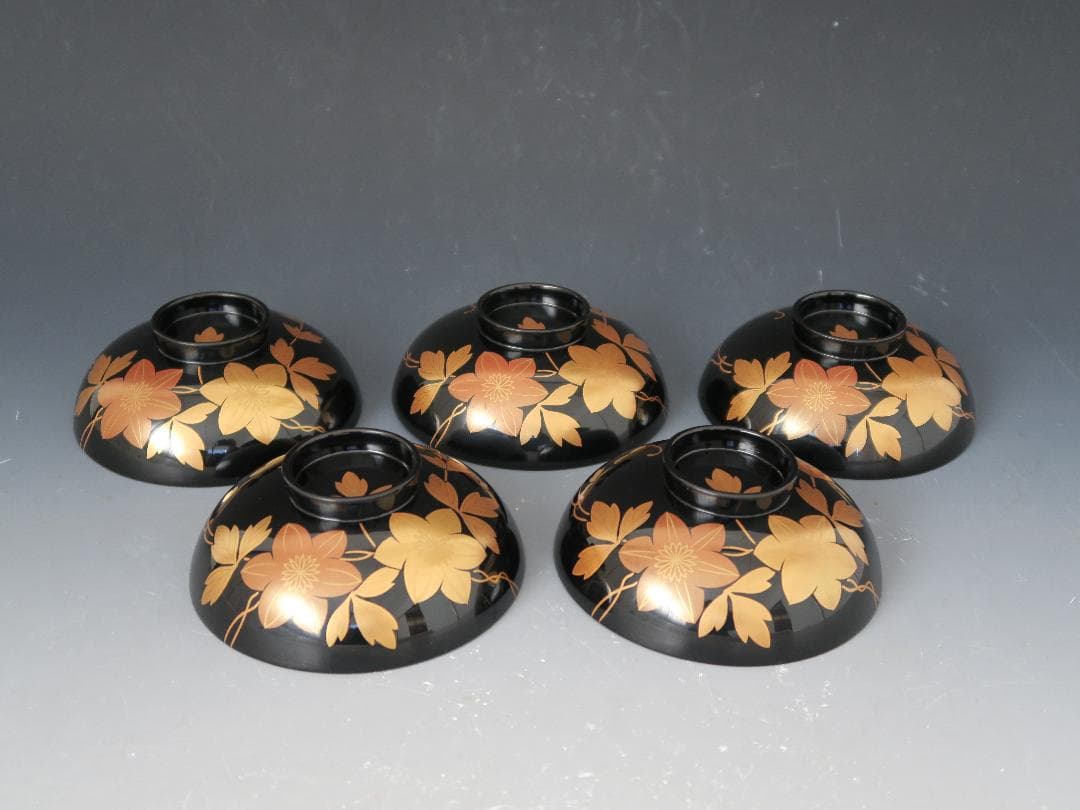 【輪島塗】鉄仙蒔絵 吸物椀 黒塗 五客揃 天然木 共箱