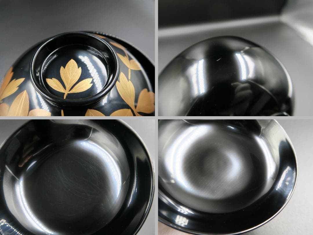 【輪島塗】鉄仙蒔絵 吸物椀 黒塗 五客揃 天然木 共箱