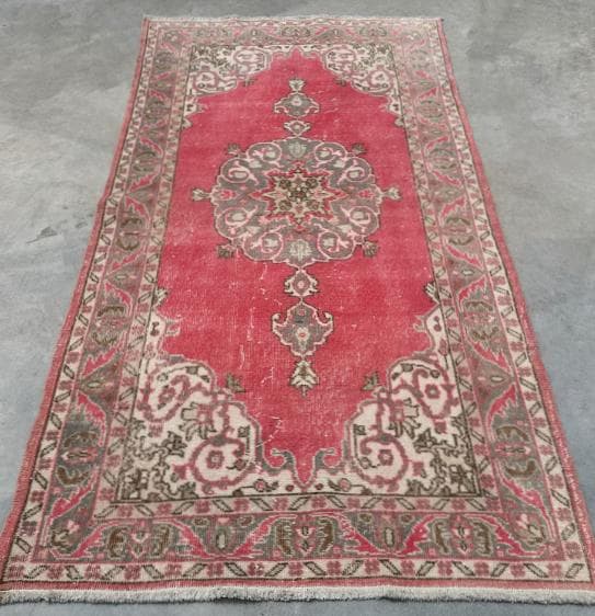 トルコヴィンテージラグ A65 コーラル レッド ネイビー ブルーグレー