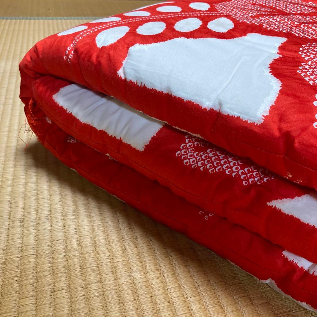 仕立て本綿布団 赤と白の花柄布団 掛け布団と敷布団セット