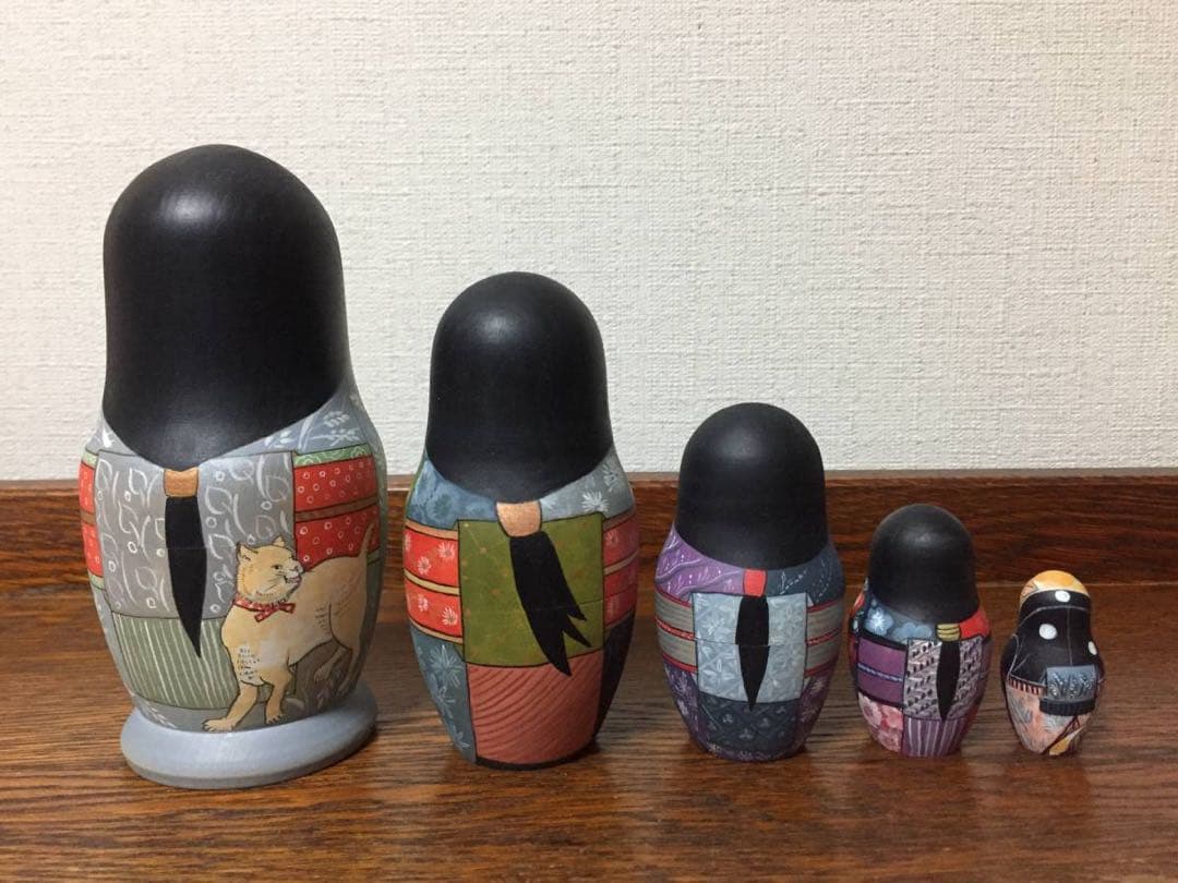 ロシア雑貨☆着物マトリョーシカ(5P)和風猫 ボボワ作 オマケ付き♪
