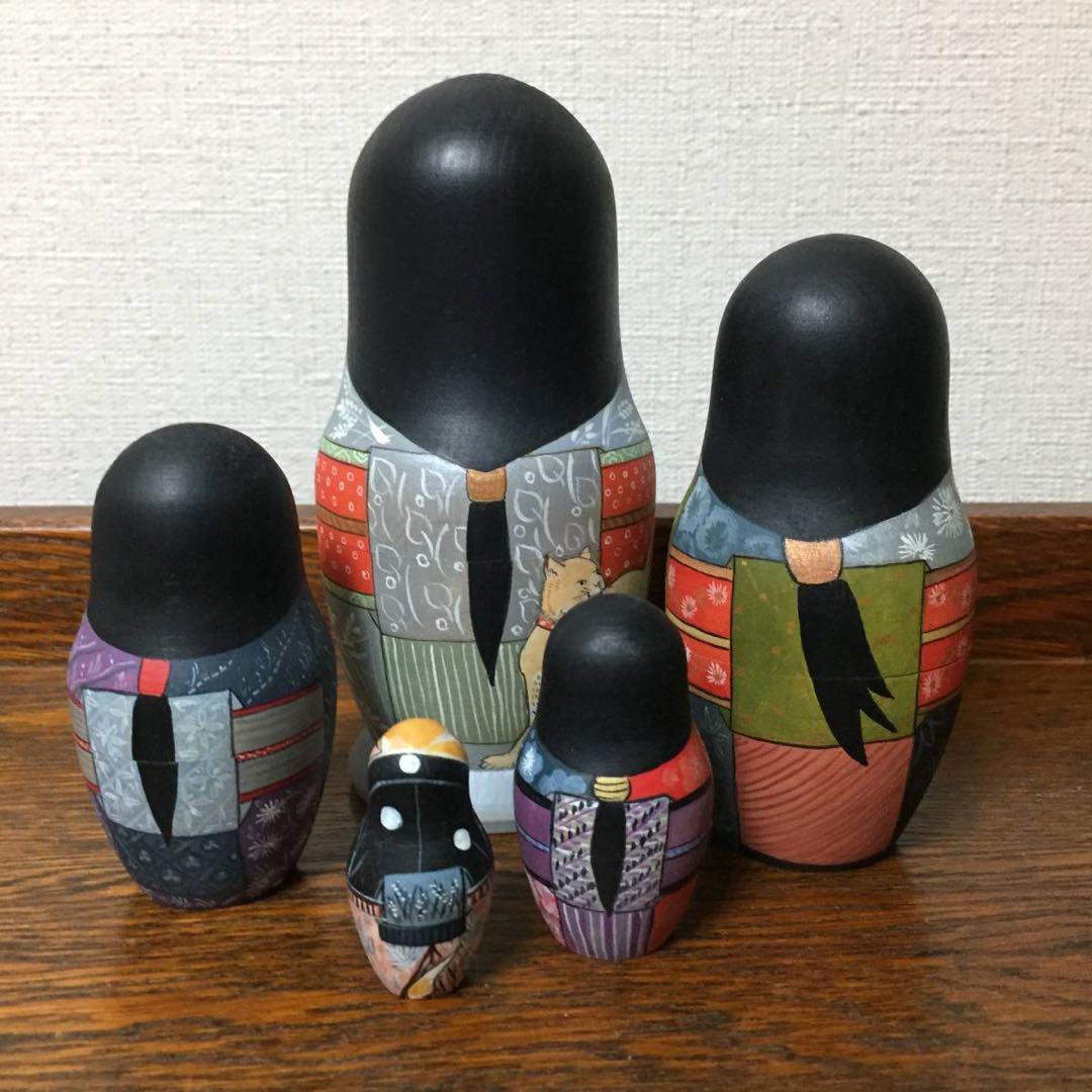 ロシア雑貨☆着物マトリョーシカ(5P)和風猫 ボボワ作 オマケ付き♪