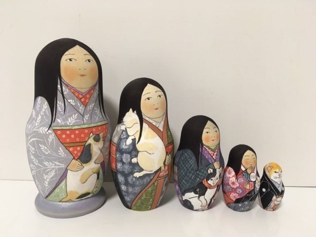 ロシア雑貨☆着物マトリョーシカ(5P)和風猫 ボボワ作 オマケ付き♪